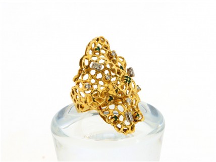 Anel com 6 ESMERALDAS e 8 DIAMANTES em OURO 18 kl