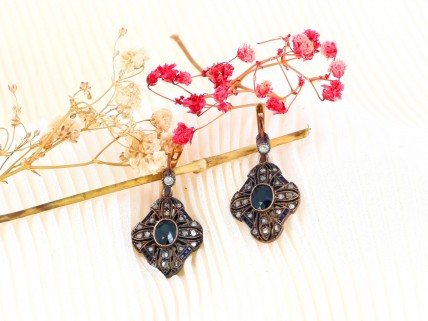 Brincos VINTAGE com 26 SAFIRAS e 22 DIAMANTES em OURO 19,2 kl e PRATA