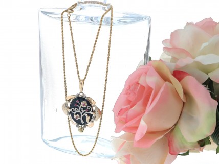 Fio e Pingente ANTIGOS em OURO 19,2K - 6 DIAMANTES, RUBIS e PÉROLA