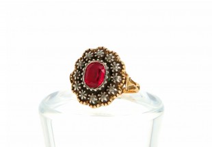 Anel ANTIGO com 12 DIAMANTES e 1 RUBI em OURO 19,2 kl e PRATA