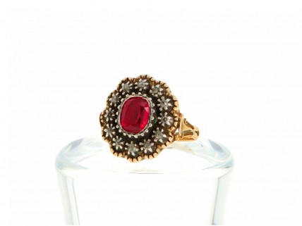 Anel ANTIGO com 12 DIAMANTES e 1 RUBI em OURO 19,2 kl e PRATA