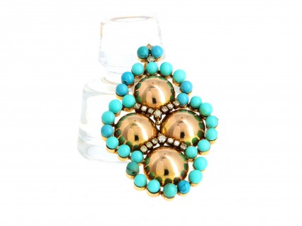 alfinete com turquezas e diamantes ouro