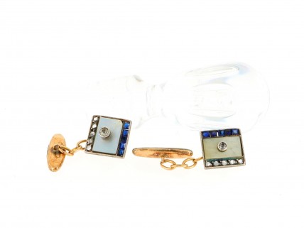 Botões de Punho ANTIGOS em OURO e PRATA - 12 DIAMANTES e 10 Safiras