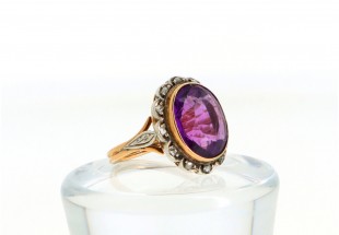 Anel MUITO ANTIGO em OURO 19.2k e PRATA - 16 DIAMANTES e 1 Esmeralda