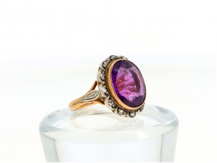 Anel MUITO ANTIGO em OURO 19.2k e PRATA - 16 DIAMANTES e 1 Esmeralda