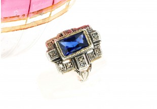 Anel ANTIGO  em OURO 19,2k e Prata - SAFIRA e DIAMANTES