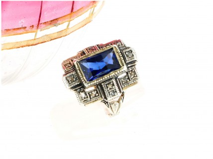 Anel ANTIGO  em OURO 19,2k e Prata - SAFIRA e DIAMANTES