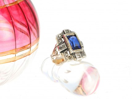 Anel ANTIGO  em OURO 19,2k e Prata - SAFIRA e DIAMANTES