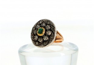 Anel MUITO ANTIGO em OURO 19.2k e PRATA - 16 DIAMANTES e 1 Esmeralda