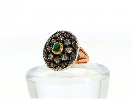 Anel MUITO ANTIGO em OURO 19.2k e PRATA - 16 DIAMANTES e 1 Esmeralda